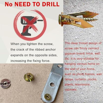 Self Drilling Drywall Anchors and Screws Kit,2026 New Heavy Duty Wall Anchors,No Drill or Holes in Wall Mounting Hardware Repair Tools for Pictures and Furniture,TV, Shelf Straps (100, 1.18IN) - size: 1.18IN