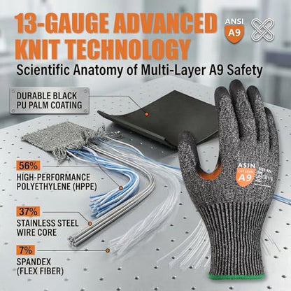 Donfri A9 Cut Resistant Work Gloves for Men, Safety Gloves for Men Touchscreen with Reinforced Thumb for Metal Glass Wood - size: X-Large