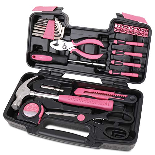 Apollo Tools Original 39 Piece General Household Tool Set in Toolbox Storage Case with Essential Hand Tools for Everyday Home Repairs, DIY and Crafts - Pink Ribbon - Pink - DT9706P - color: Pink, size: 39-Piece (with Slip Joint Pliers + Scissors)
