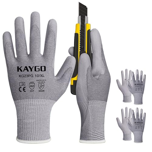 KAYGO Cut Resistant Gloves PU Coated 3 Pairs, ANSI Cut Level A2, Lightweight Safety Work Gloves, Ideal for Industrial and Construction (X-Large,Grey) - color: Grey Ansi A2, size: X-Large