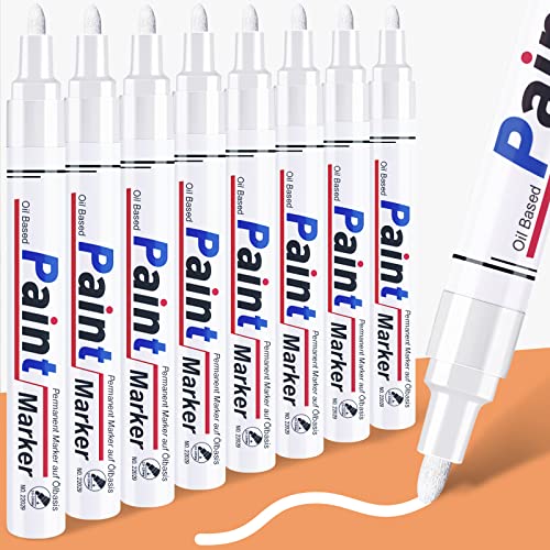DAPAWIN White Permanent Marker Waterproof - 8 White Paint Markers for Metal Surfaces Tire Black Paper Wood Plastic Rocks Fabric, Marker Permanent, Oil Based Paint Markers Medium Tip - color: White