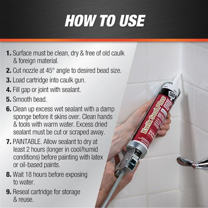 DAP Kwik Seal Plus 18510 Adhesive Sealant, 10.1 oz Cartridge, brighter white