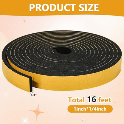 16Feet Weather Stripping Seal (1 Inch X 1/4 Inch) for Door Window, High Density Foam Tape, Soundproofing, Insulation Strip, Door Sealers for Door Frame- Black - size: 1 Inch X 1/4 Inch X 16Feet