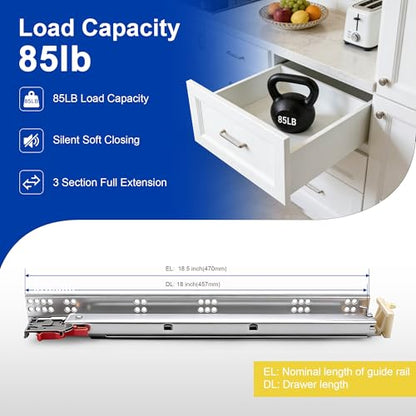 Knobonly 4 Pairs 18 Inch Undermount Drawer Slides Soft Close, Bottom Mount Full Extension Cabinet Rails, Heavy Duty Zinc Plated 85 LB, Includes Mounting Hardware for Multi-Drawer Replacement - size: 18 Inch, style: Soft Close - 4 Pairs