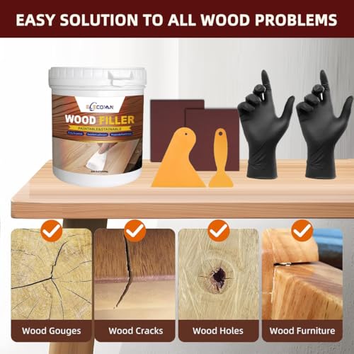 Wood Filler Repair Kit 16oz White – Paintable & Stainable Wood Putty Filler for Furniture, Doors & Floors, Exterior Water-Resistant Wood Crack & Hole Filler with Scrapers, Sandpaper & Gloves