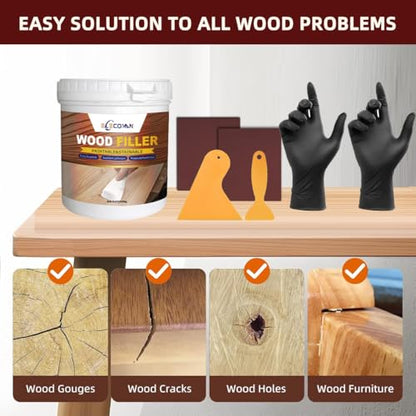Wood Filler Repair Kit 16oz White – Paintable & Stainable Wood Putty Filler for Furniture, Doors & Floors, Exterior Water-Resistant Wood Crack & Hole Filler with Scrapers, Sandpaper & Gloves