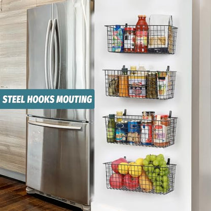4 Set [EXTRA LARGE] Hanging Wall Mount Storage Baskets with Adhesive Hooks & Steel Hooks, Multiuse Sturdy Wire Metal Organizing Baskets for Home Kitchen Bathroom Pantry Utility Organizer, Black - size: Extra Large