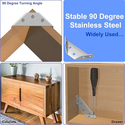 24 Pcs Stainless Steel Corner Brackets with Screws, Angle Connectors for Wood Furniture, Shelves, Chairs, Drawers, Cabinets - size: 24 Pcs