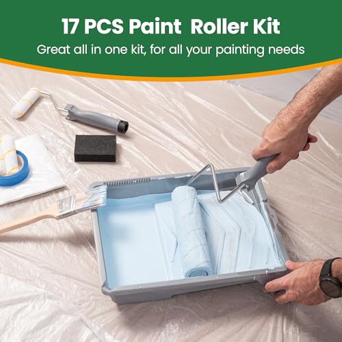 VOOMEY 17 Piece Paint Roller Kit - Paint Rollers 9"4", Paint Roller Frame，Paint Trays, Microfiber Roller Cover, Paint Kit for House Painting,Paint Brushes for Painting Walls - style: 17pcs paint roller kit