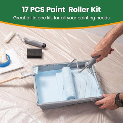 VOOMEY 17 Piece Paint Roller Kit - Paint Rollers 9"4", Paint Roller Frame，Paint Trays, Microfiber Roller Cover, Paint Kit for House Painting,Paint Brushes for Painting Walls - style: 17pcs paint roller kit