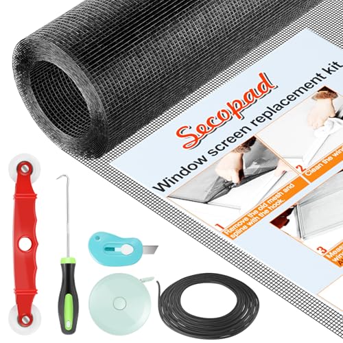 Secopad Window Screens Replacement Repair Kit, Black Screen Door Mesh Replacement Kit, Durable Fiberglass Mesh Roll with Tools for Windows Doors Patio and Porch, 48in x 118in - color: Black, size: 48in x 118in
