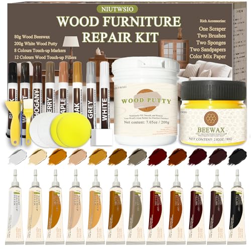 Wood Furniture Repair Kit - Set of 34 - Laminate Floor Repair Kit with Wood Putty, 12 Colors Wood Filler & 8 Colors Furniture Markers and Beewax, Wood Repair Kit for Scratch Cracks Hole Discoloration