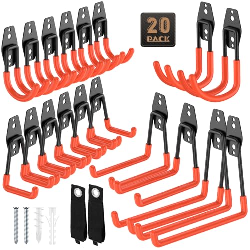 20 Pack Garage Hooks, Heavy Duty Steel Wall Mount Utility Hangers with Anti-Slip Coating for Hanging Bikes, Ladders, Power Tools, and Garden Equipment - color: 20 Pack Orange