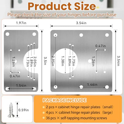 Cabinet Hinges Repair Plate, 6 Pcs Stainless Steel Cabinet Door Hinge Repair Replacement Kit with Mounting Screws, Hinges Fixing Plate Brackets for Kitchen Bathroom Cupboard Door