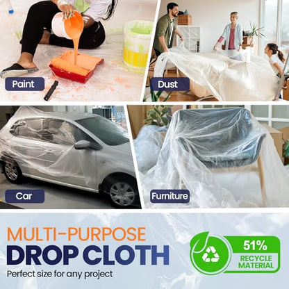 6 Pack 12 x 9 ft Extra Large Plastic Drop Cloth for Painting - Light & Durable Tarp Cover for Furniture - Plastic Clear Tarp Waterproof - Paint Floor Covering - Painters Drop Cloth Sheeting - size: 6 Pack
