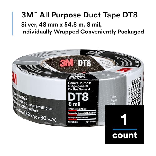 3M DT8 Industrial Strength Multi-Use Duct Tape, Silver, 1.88in x 60 yd x 8 mil Thickness – Professional Grade Adhesive, 1 Pack - color: Silver, size: 1 Roll