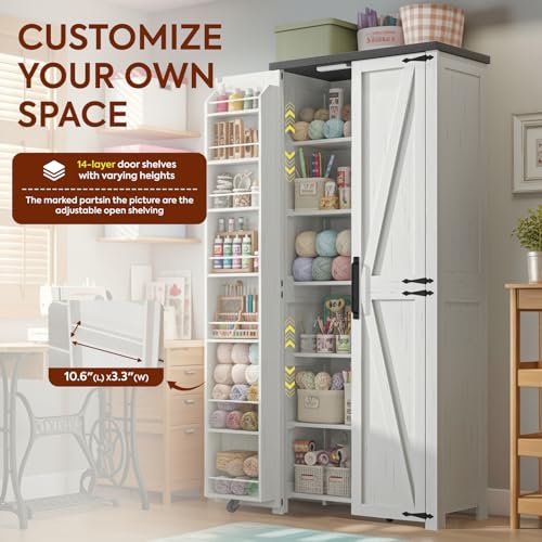 NEWOWNDS Craft Storage Cabinet with LED Lights – 72" Adjustable Shelves Sewing Organizer, Multi-Purpose Sewing Cabinet for Craft Room/Home Office Storage