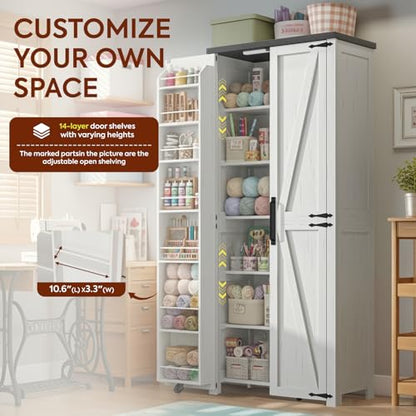 NEWOWNDS Craft Storage Cabinet with LED Lights – 72" Adjustable Shelves Sewing Organizer, Multi-Purpose Sewing Cabinet for Craft Room/Home Office Storage