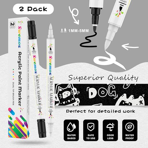 Swemos Acrylic Paint Pens Markers, Dual Tip with Fine Tip and Brush Tip Pens Acrylic Paint Markers Waterproof Acrylic Markers Set for Rock, Canvas Stone, Wood, Glass, Metal (BLACK+WHITE, 2) - style: BLACK+WHITE