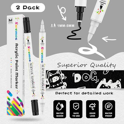 Swemos Acrylic Paint Pens Markers, Dual Tip with Fine Tip and Brush Tip Pens Acrylic Paint Markers Waterproof Acrylic Markers Set for Rock, Canvas Stone, Wood, Glass, Metal (BLACK+WHITE, 2) - style: BLACK+WHITE