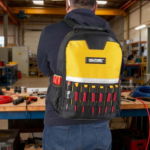 HAUTMEC Tool Backpack with Laptop Compartment, Heavy-Duty 1680D Water-Resistant Tool Bag with Reinforced Hard Base, Double Zipper, Widened Padded Straps for Technicians & Contractors – HTTBM25058 - color: Yellow & Black