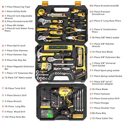 Tool Kit Box Drill Set with 12V Power Cordless Drill 299-Piece Tool Kit for Home Tool Set Storage Case with Drawer General Household Drill Set for Home Mechanics Repairs Men & Women, DIY