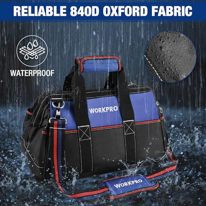WORKPRO 16-inch Wide Mouth Tool Bag, Heavy Duty Cloth Tool Storage Bag with Water Proof Molded Base, Adjustable Shoulder Strap - color: Blue &Red