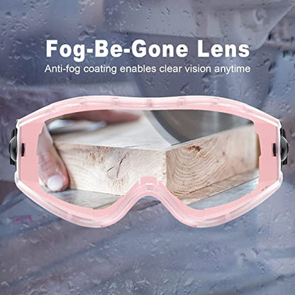 UKNOW Safety Goggles Over Glasses - Anti-Fog Clear Lens - ANSI Z87.1 Certified Eye Protection for Lab Work, Industrial Use - color: Pink