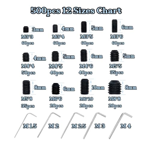 500pcs Set Screws, Grub Screws, Set Screws Assortment Kit M3 M4 M5 M6 M8 for Door Handles, Bathroom Fixtures, Home Repair, Repair Furniture, Electronic Product, Install Door Lock, DIY, 12 Sizes - size: 500pcs(12 Sizes)