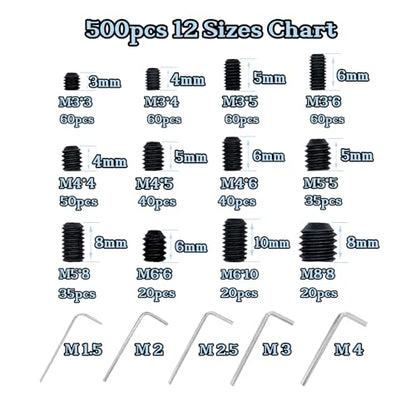 500pcs Set Screws, Grub Screws, Set Screws Assortment Kit M3 M4 M5 M6 M8 for Door Handles, Bathroom Fixtures, Home Repair, Repair Furniture, Electronic Product, Install Door Lock, DIY, 12 Sizes - size: 500pcs(12 Sizes)