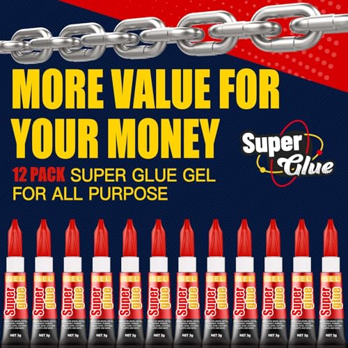 3 Gram (Pack of 12) Single use Super Glue Gel, Super Fast, Thick & Strong Adhesive Superglue, Cyanoacrylate Glue for Hard Plastics, DIY Craft, Ceramics, Frame, Leather, Metal Etc - size: Pack of 12, style: Gel
