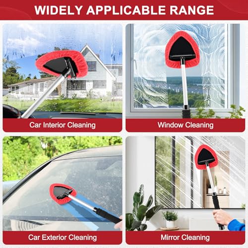 JUSTTOP Windshield Cleaner Tool, Car Interior&Exterior Window Cleaning Tool with Extendable Handle & 4 Reusable Microfiber Pads, Auto Glass Wiper Brush Kit for Cars (Red) - color: Red