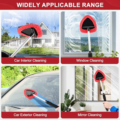 JUSTTOP Windshield Cleaner Tool, Car Interior&Exterior Window Cleaning Tool with Extendable Handle & 4 Reusable Microfiber Pads, Auto Glass Wiper Brush Kit for Cars (Red) - color: Red
