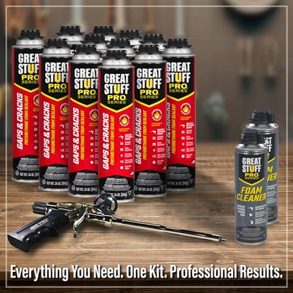 Great Stuff Pro Gaps & Cracks 24 oz Complete Kit – 12-Pack Foam Sealant with AWF PRO 8 in Professional Spray Foam Gun & 2 Cans of Great Stuff Pro Cleaner - style: 8 in Pro Gun