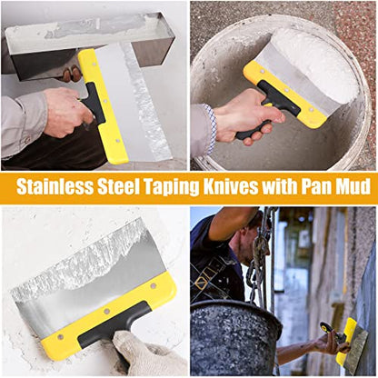 DEKEones Drywall Knife Set, 8 Pieces Stainless Steel Drywall Hand Tool Kit Includes Taping Knives, Putty Knives, Finishing Trowel, Mud Scoop and 12" Mud Pan with Ergonomic Handles for Drywall Work