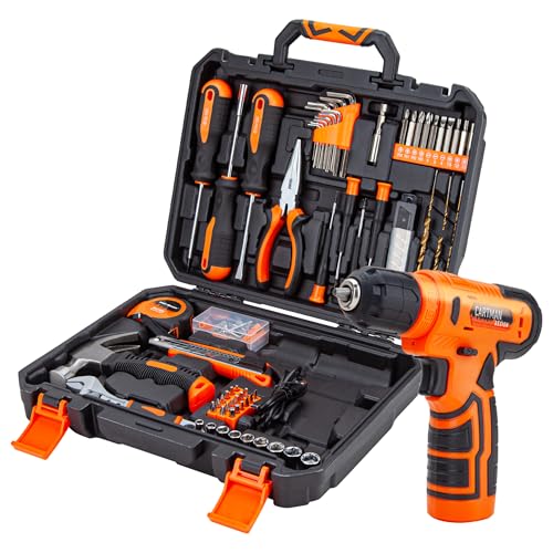 CARTMAN 150-Piece Household Tool Set with 8V Cordless Drill Driver Kit, Complete Hand Tool Set for Home Maintenance, DIY Projects, Orange - color: Orange