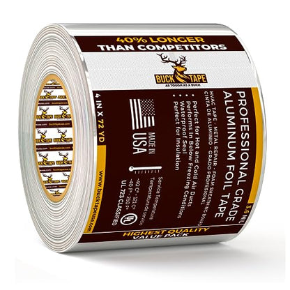 Buck Aluminum Foil Tape – 4 Inch x 216ft (72 yd), 3.6 Mil – HVAC Tape for Ductwork, AC, Dryer Vents & Insulation – Silver Foil Tape for Metal Repair, Exhaust Sealing & Air Conditioning (1 Pack) - size: 4 Inch, style: 1 Pack