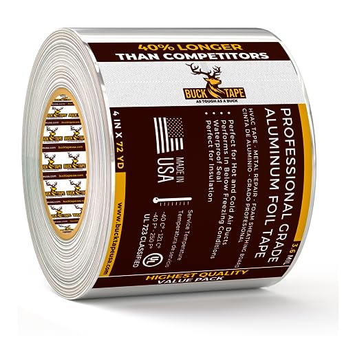 Buck Aluminum Foil Tape – 4 Inch x 216ft (72 yd), 3.6 Mil – HVAC Tape for Ductwork, AC, Dryer Vents & Insulation – Silver Foil Tape for Metal Repair, Exhaust Sealing & Air Conditioning (1 Pack) - size: 4 Inch, style: 1 Pack