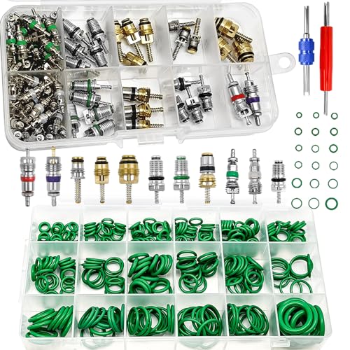 Car A/C Repair Kit, 270PCS O-Ring Set + 102PCS Car Air Conditioner Valve Core Kit with Double Head Install Tool, A/C R12 R134a Refrigeration Tire Valve Stem Cores, O-Ring Seals Kit