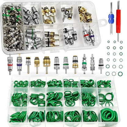 Car A/C Repair Kit, 270PCS O-Ring Set + 102PCS Car Air Conditioner Valve Core Kit with Double Head Install Tool, A/C R12 R134a Refrigeration Tire Valve Stem Cores, O-Ring Seals Kit