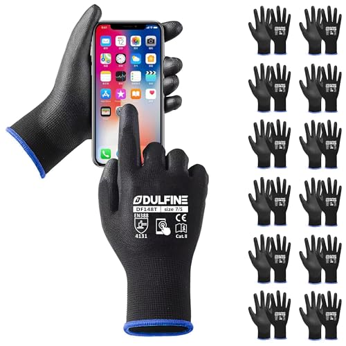 DULFINE Safety Work Gloves PU Coated for Men and Women-12 Pairs,Black Seamless Knit Glove with Two Fingers Touchscreen,Ideal for General Duty Work (Small) - color: Black-touch Screen, size: Small