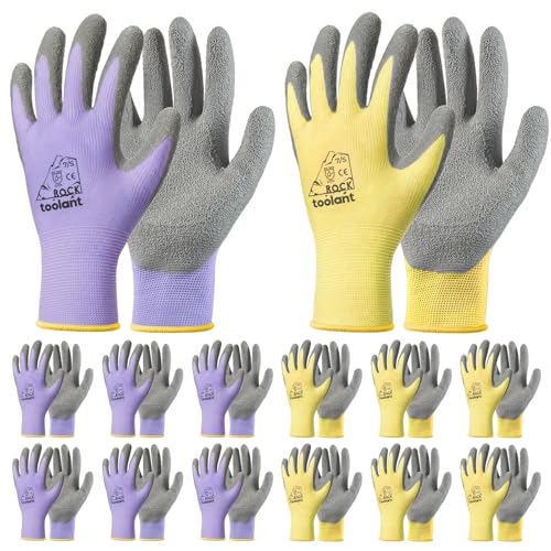 toolant Crinkle Latex Work Gloves Bulk, Rubber Coated Safety Work Gloves for Men and Women, 12 Pairs for Construction, Gardening, Warehouse (Purple & Yellow, Small) - color: Purple & Yellow, size: Small