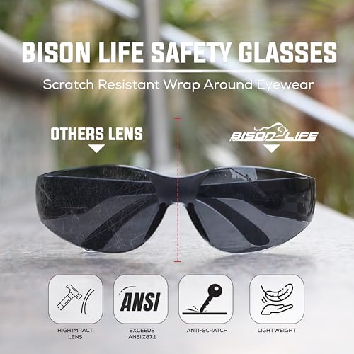 BISON LIFE Clear Safety Glasses – ANSI Z87.1 Scratch & Impact Resistant Wrap Around Eye Protection Goggles for Men & Women - color: Black/Black