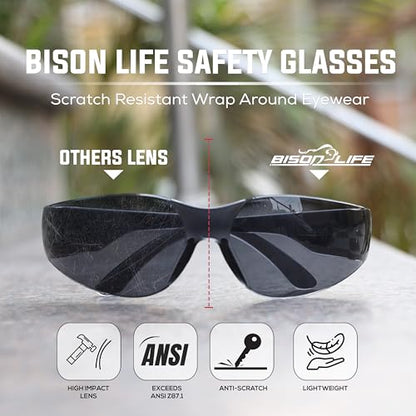 BISON LIFE Clear Safety Glasses – ANSI Z87.1 Scratch & Impact Resistant Wrap Around Eye Protection Goggles for Men & Women - color: Black/Black