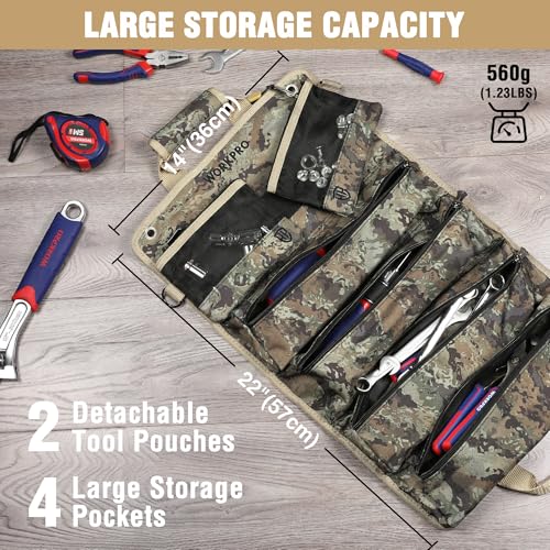 WORKPRO Roll Tool Bag with Detachable Pouches, Heavy Duty Organizer - 6 Pockets, for Mechanics, Electricians, Plumbers & Carpenters - Camo - color: Camo