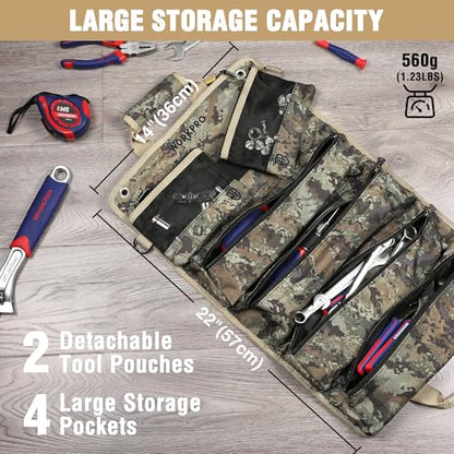 WORKPRO Roll Tool Bag with Detachable Pouches, Heavy Duty Organizer - 6 Pockets, for Mechanics, Electricians, Plumbers & Carpenters - Camo - color: Camo