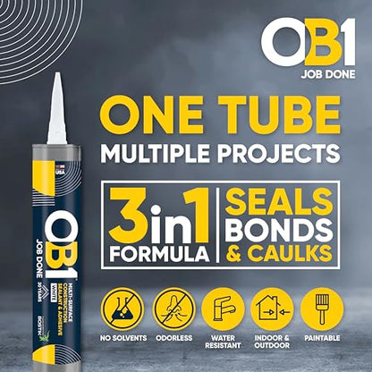 OB1 Universal Caulk Sealant & Adhesive White 10.1oz | Professional Grade Premium All-in-One Advanced Hybrid 3-in1 | Water Resistant Internal & External | Shrink Crack UV & Fade Resistant | 1 Cartridge - color: White, size: 10.1oz