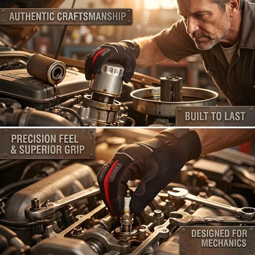 Mechanic Gloves for Men, Heavy Duty Impact-Resistant Synthetic Leather Automotive Work Gloves with TPR Knuckle Armor, SBR Padded Anti-Vibration Palm,Touchscreen Fingertips, Reinforced Palm