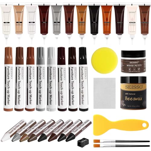 SEISSO Wood Furniture Repair Kit, 12 Colors Wood Fillers, Wood Putty with Beeswax, Furniture Touch Up Markers with Wood Crayons, Hardwood Floor Repair Kit for Stains, Scratch, Cracks, Hole - color: Markers+fillers