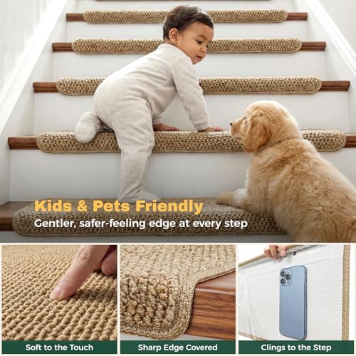 MBIGM Bullnose Non-Slip Stair Treads w/Reusable Adhesive 14 Pack 9.5" x 30" Wooden Steps Protection - TPU Backing with Steel Reinforcement - Anti-Slip Solution Knitted Camel Non Slip Stair Tread - color: Camel - Knitted